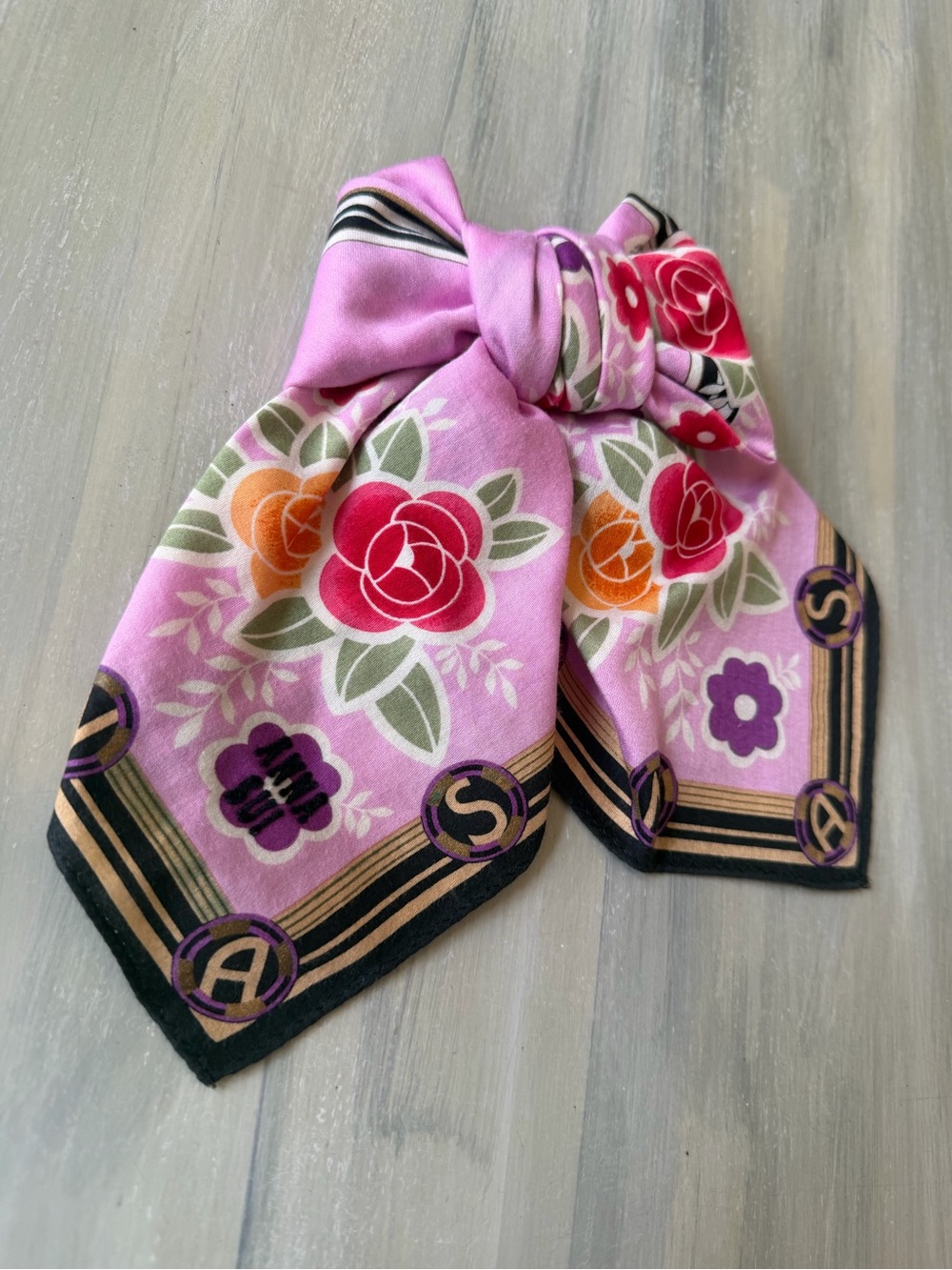 Anna Sui floral cotton scarf Bandana Roses Butterfly Purple Hair Bow Bag Scarf - Picture 12 of 12